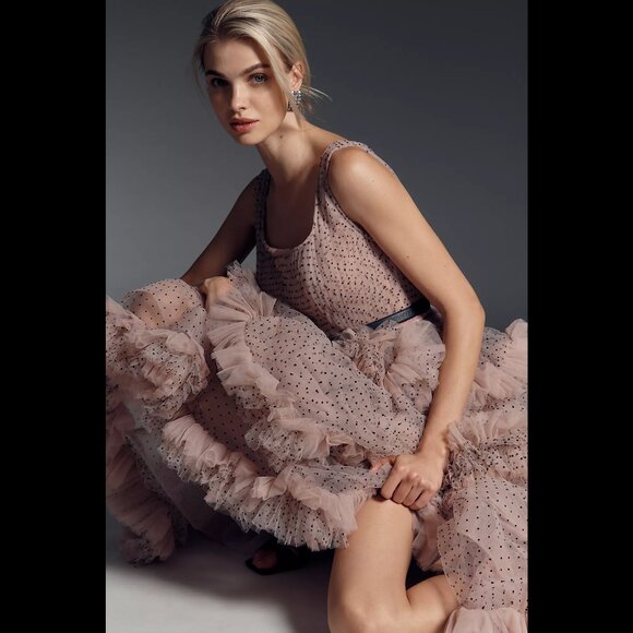 Mac Duggal 20776 Size 4 6 Pink Black Polka Dot Tulle Tiered Ruffle Midi Dress - Picture 3 of 5